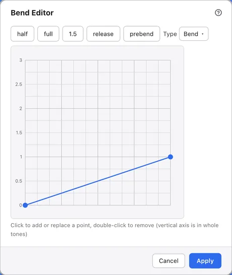 The bend editor. Buttons for common shapes and a type selector are at the top, with a pitch curve drawn on the grid below. Cancel and apply buttons are at the bottom.
