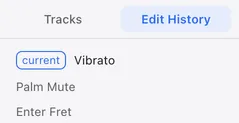 The edit history tab of the left panel. Three edits are listed newest first, vibrato, palm mute and enter fret, with the current marker on the top one.