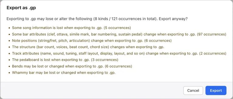 The confirmation dialog for exporting as .gp. It lists the kinds of element that may be lost with their counts, with cancel and export buttons below.