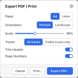 The PDF export and print dialog. It has fields for paper, orientation, scale, tracks, title header and page numbers, with cancel, print and export PDF buttons below.