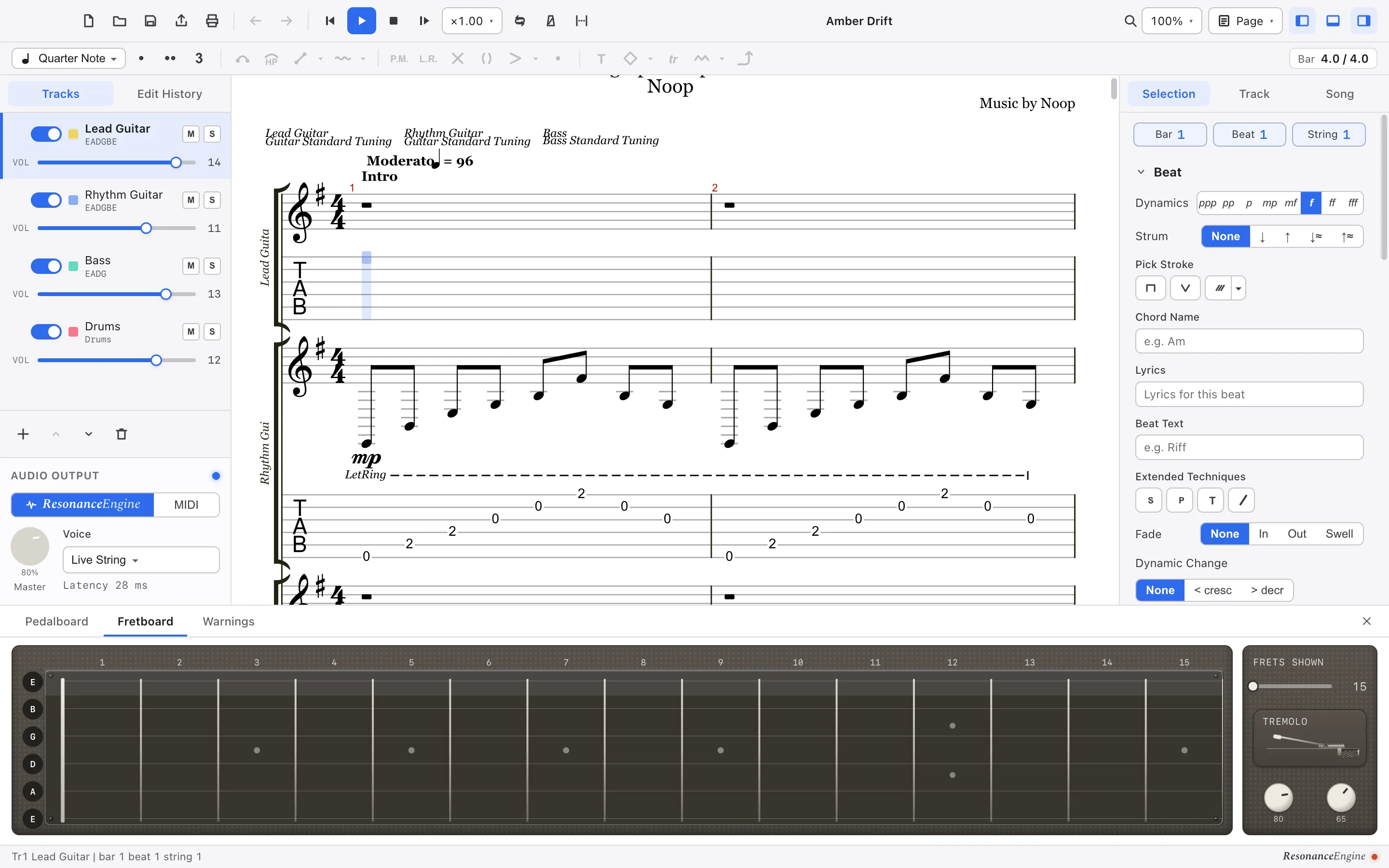バーチャルフレットボードのパネル。いまの拍の音が弦の上に出ている。
