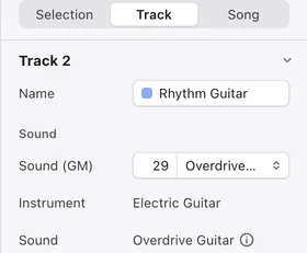 The track tab of the inspector. Below the sound program selector are the instrument and sound rows.