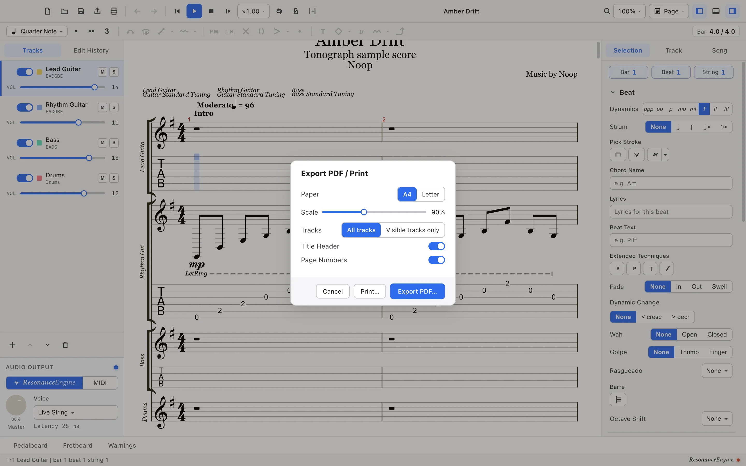 PDF 書き出しのダイアログ。用紙サイズ・余白・収録するパートを選ぶ。