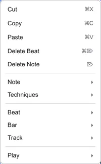 The menu shown when you right-click a note in the score. Below cut, copy, paste, delete beat and delete note are submenus for note, techniques, beat, bar, track and play.