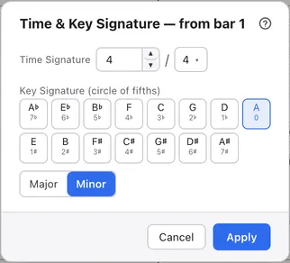 The time and key signature dialog. Fields for the top and bottom numbers of the time signature at the top, and below them the circle-of-fifths buttons for the key signature and a switch between major and minor.