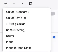 The + menu opened at the bottom of the left panel, listing guitar, bass, drums and piano.