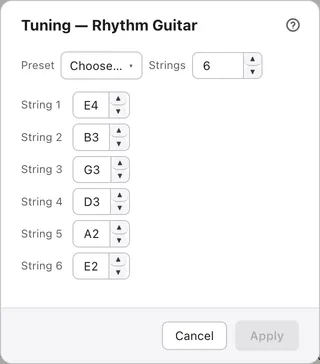 The tuning dialog. Preset and string count fields at the top, and below them a field with the note for each string, starting from string 1.